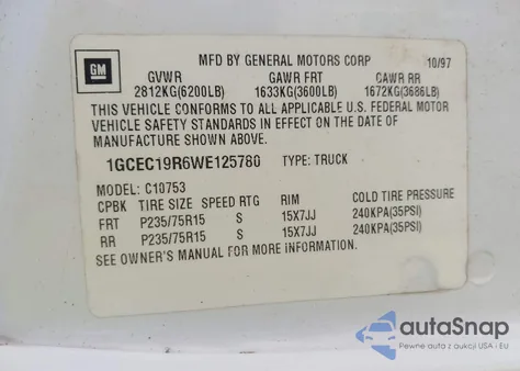 1998 Chevrolet C1500 Fleetside from USA, damaged, VIN 1GCEC19R6WE125780